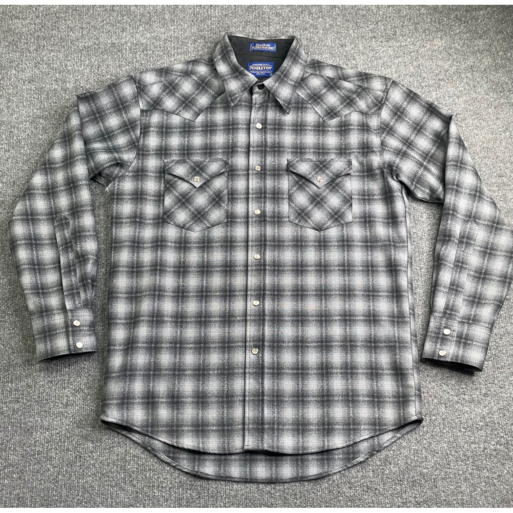 Pendleton High grade Western Wear Shirt Mens M Grey Plaid Wool Pearl Snap